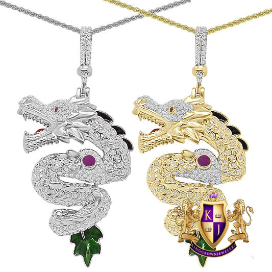 23+ Grams Real Genuine Italian Sterling Silver 1.50 Ct. Simulated Diamond 14K Gold Over 3D Good Luck Dragon Charm Lucky Pendant + Free Chain