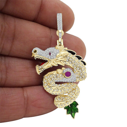 23+ Grams Real Genuine Italian Sterling Silver 1.50 Ct. Simulated Diamond 14K Gold Over 3D Good Luck Dragon Charm Lucky Pendant + Free Chain