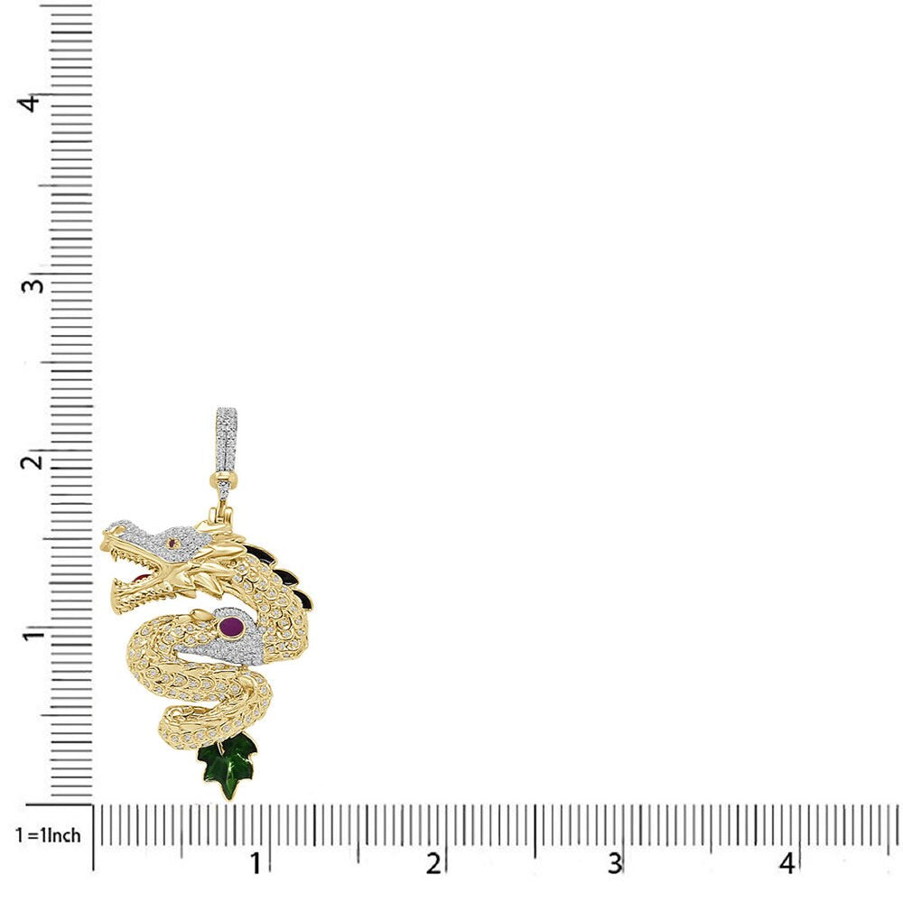 23+ Grams Real Genuine Italian Sterling Silver 1.50 Ct. Simulated Diamond 14K Gold Over 3D Good Luck Dragon Charm Lucky Pendant + Free Chain