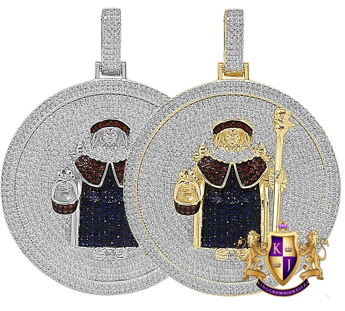 35+ Grams Genuine Sterling Silver Baby Infant Jesus Santo Nino De Atocha Divino Simulated Diamond Pendant 14K Gold On Medallion Charm 2.50''