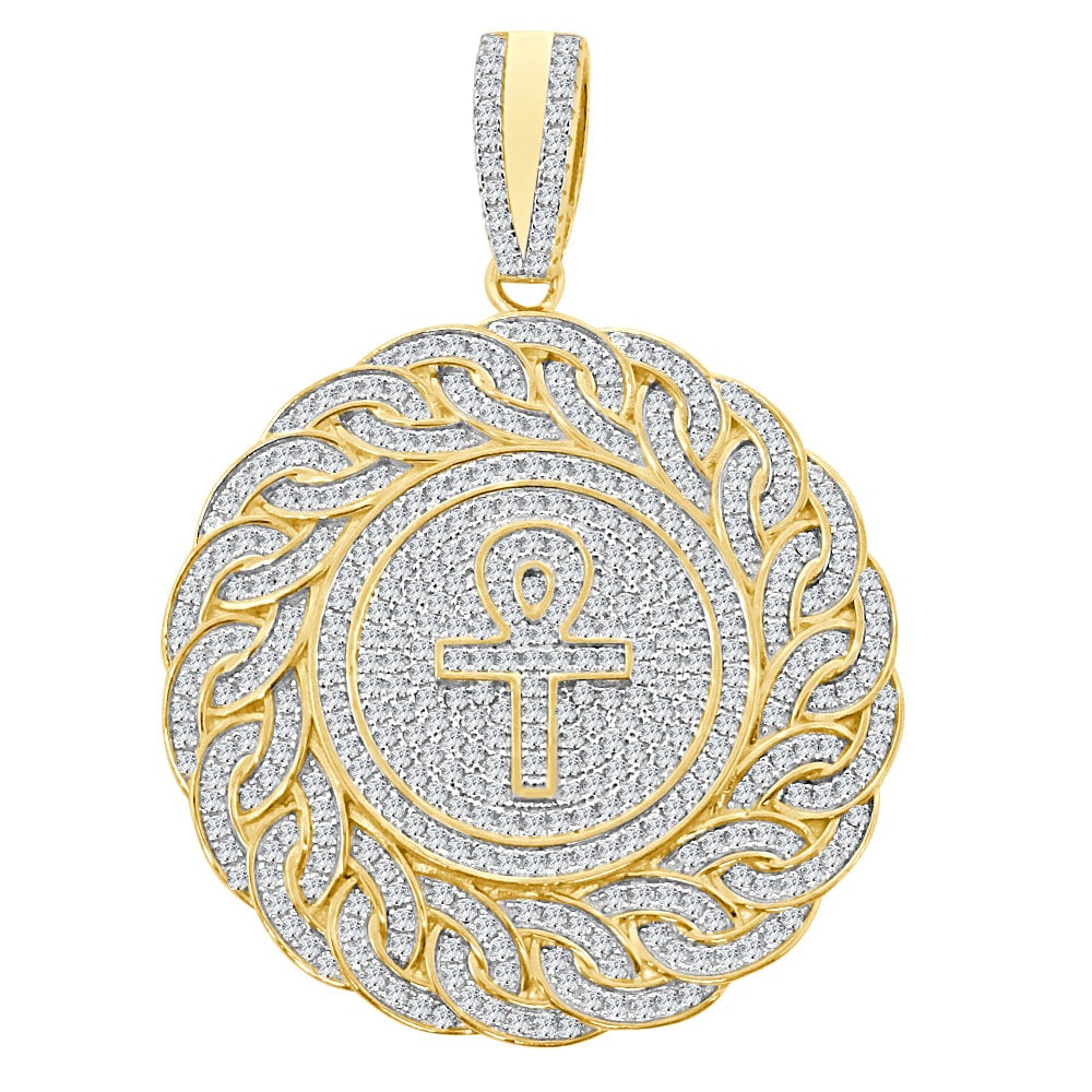 28+ Grams Big 3'' Real Genuine Gold Sterling Silver 6.00 Ct. Simulated Diamond 14K Gold On Egyptian Ankh Cross Men's Charm Pendant Medallion