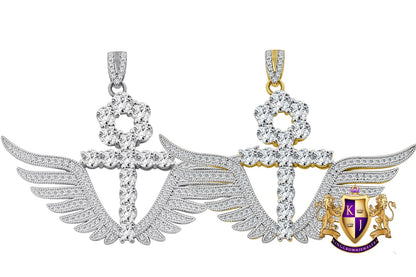 Real Sterling Silver 14K Gold Over 3.00 Ctw. Solitaire Round Cut/Simulated Diamond 14K Gold On Egyptian Ankh Cross Angel Wings Charm Pendant