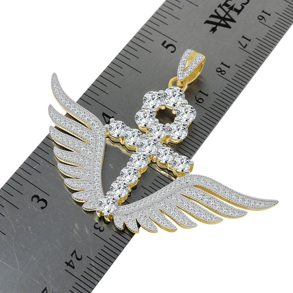 Real Sterling Silver 14K Gold Over 3.00 Ctw. Solitaire Round Cut/Simulated Diamond 14K Gold On Egyptian Ankh Cross Angel Wings Charm Pendant
