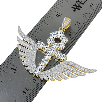 Real Sterling Silver 14K Gold Over 3.00 Ctw. Solitaire Round Cut/Simulated Diamond 14K Gold On Egyptian Ankh Cross Angel Wings Charm Pendant