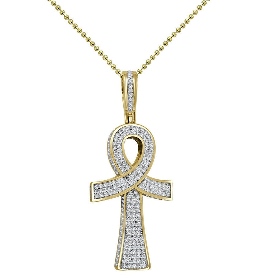 3D Look Real Genuine Sterling Silver 14k Gold Over 2.00 Cwt. Simulated Diamond Egyptian Ankh Cross Unisex Pendant Charm Chain Neckless Set