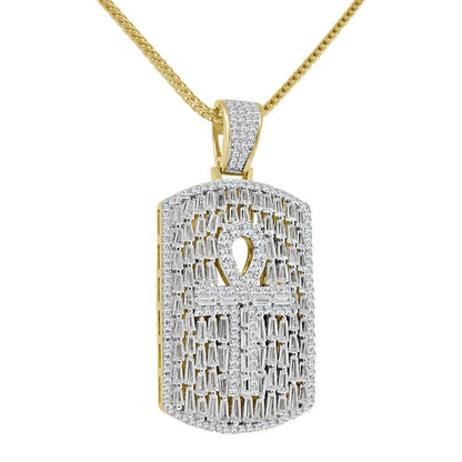 Real Genuine Sterling Silver 2.00 Ct. Baguette Round Cut Simulated Diamond 14K Gold Over Egyptian Ankh Cross Dog Tag Charm Pendant Chain Set