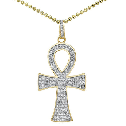 20+ Grams Real Sterling Silver 14k Gold Over 2.00 Cwt. Simulated Diamond Egyptian Ankh Cross Unisex Pendant Charm Chain Neckless Set 2.30''