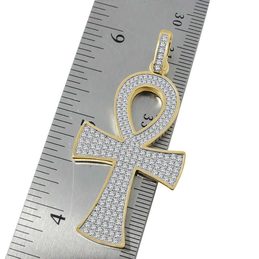 20+ Grams Real Sterling Silver 14k Gold Over 2.00 Cwt. Simulated Diamond Egyptian Ankh Cross Unisex Pendant Charm Chain Neckless Set 2.30''