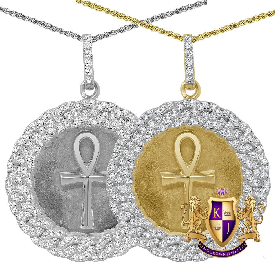 Genuine Authentic Sterling Silver 2.00 Cwt. Simulated Diamond 14K Gold Finish Egyptian Ankh Cross Medallion Charm Pendant Chain Necklace Set