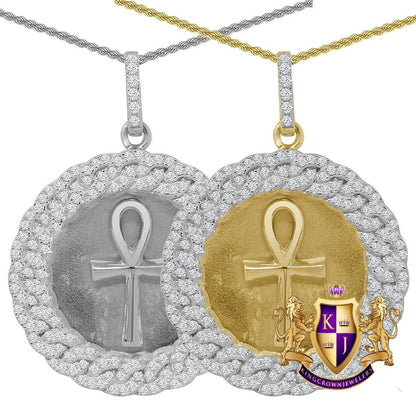 Genuine Authentic Sterling Silver 2.00 Cwt. Simulated Diamond 14K Gold Finish Egyptian Ankh Cross Medallion Charm Pendant Chain Necklace Set