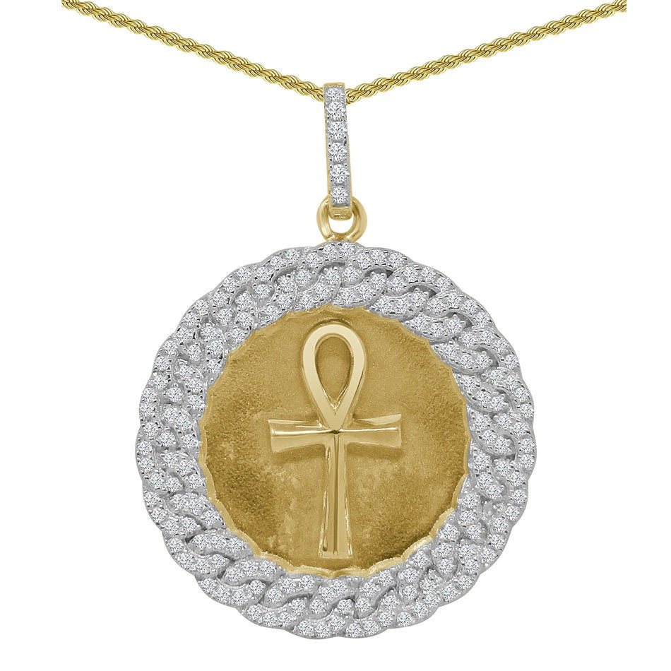 Genuine Authentic Sterling Silver 2.00 Cwt. Simulated Diamond 14K Gold Finish Egyptian Ankh Cross Medallion Charm Pendant Chain Necklace Set