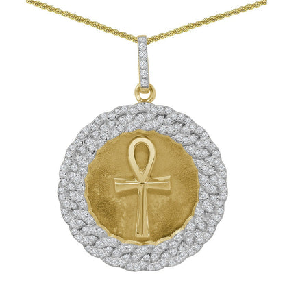 Genuine Authentic Sterling Silver 2.00 Cwt. Simulated Diamond 14K Gold Finish Egyptian Ankh Cross Medallion Charm Pendant Chain Necklace Set