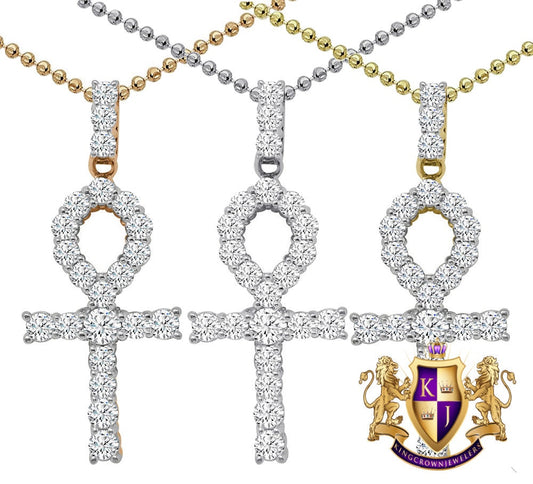 Solitaire Real Genuine Sterling Silver 14K Gold Over 2.00 Cwt. Simulated Diamond Egyptian Ankh Cross Unisex Pendant Charm Chain Neckless Set