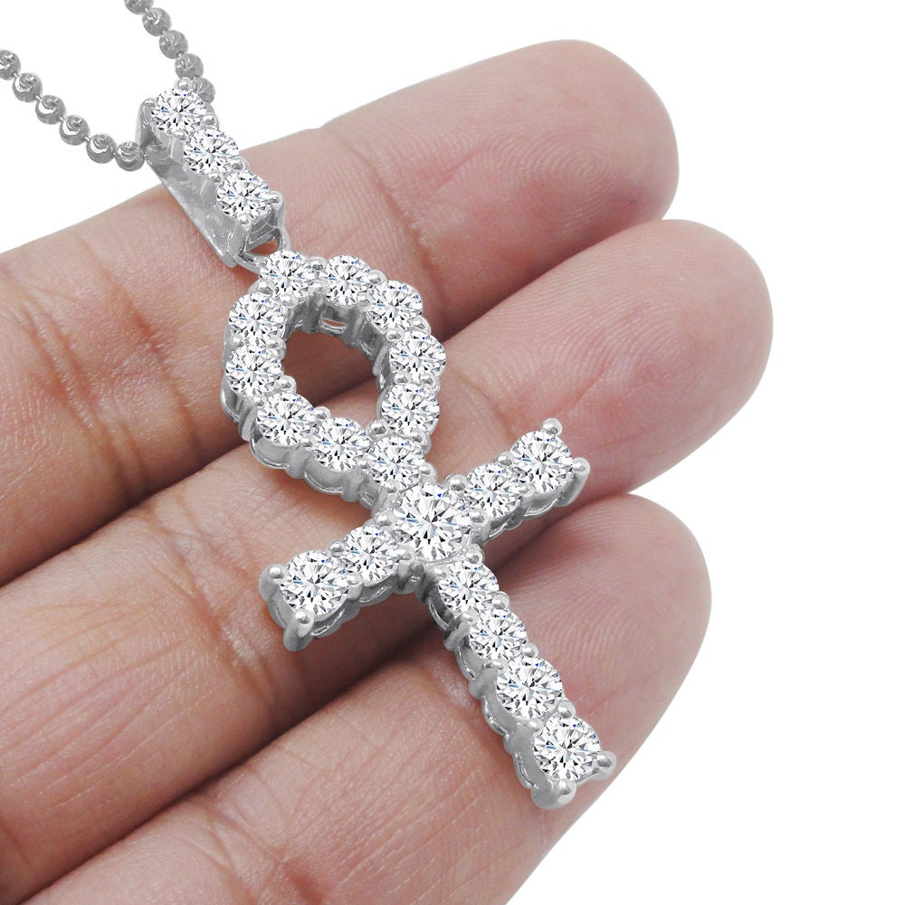 Solitaire Real Genuine Sterling Silver 14K Gold Over 2.00 Cwt. Simulated Diamond Egyptian Ankh Cross Unisex Pendant Charm Chain Neckless Set