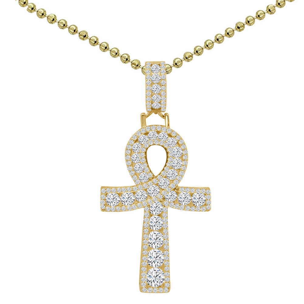 Solitaire Real Sterling Silver 14K Gold Finish 1.00 Cwt. Simulated Diamond Egyptian Ankh Cross Religious Charm Pendant Chain Neckless Set