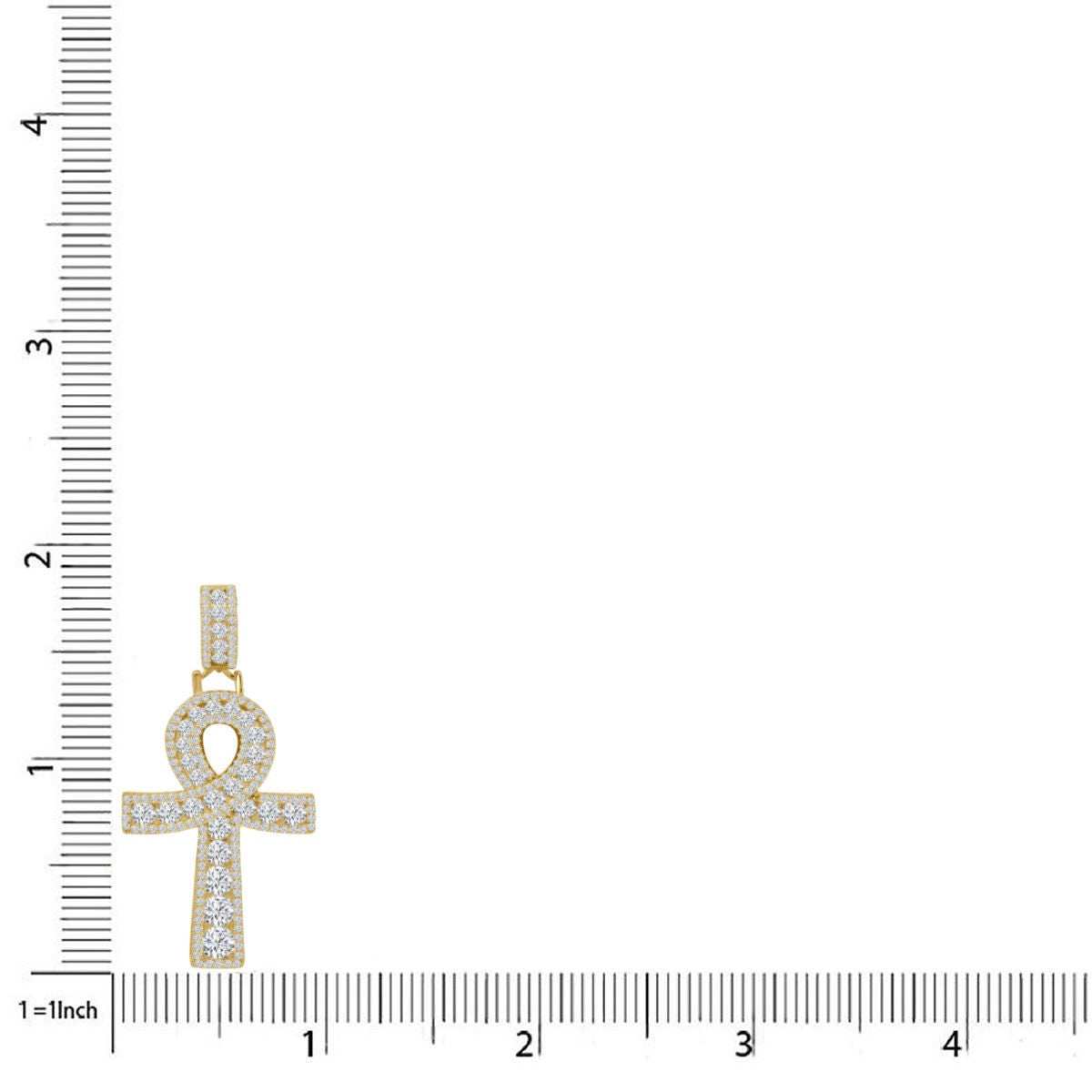 Solitaire Real Sterling Silver 14K Gold Finish 1.00 Cwt. Simulated Diamond Egyptian Ankh Cross Religious Charm Pendant Chain Neckless Set