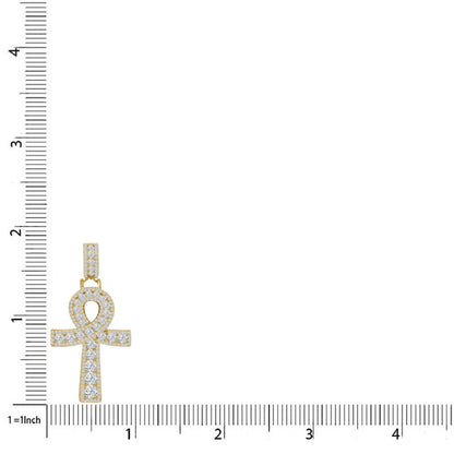 Solitaire Real Sterling Silver 14K Gold Finish 1.00 Cwt. Simulated Diamond Egyptian Ankh Cross Religious Charm Pendant Chain Neckless Set
