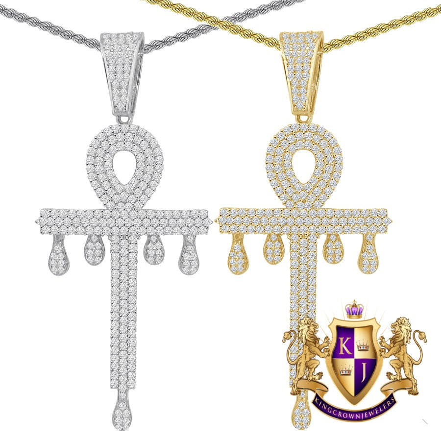 Big 2.80'' Real Genuine Sterling Silver 2.00 Cwt. Simulated Diamond Dripping Egyptian Ankh Cross Dripping Pendent Charm +Free Chain Neckless