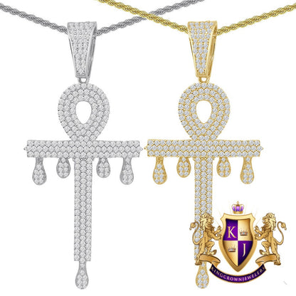 Big 2.80'' Real Genuine Sterling Silver 2.00 Cwt. Simulated Diamond Dripping Egyptian Ankh Cross Dripping Pendent Charm +Free Chain Neckless