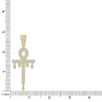 Big 2.80'' Real Genuine Sterling Silver 2.00 Cwt. Simulated Diamond Dripping Egyptian Ankh Cross Dripping Pendent Charm +Free Chain Neckless