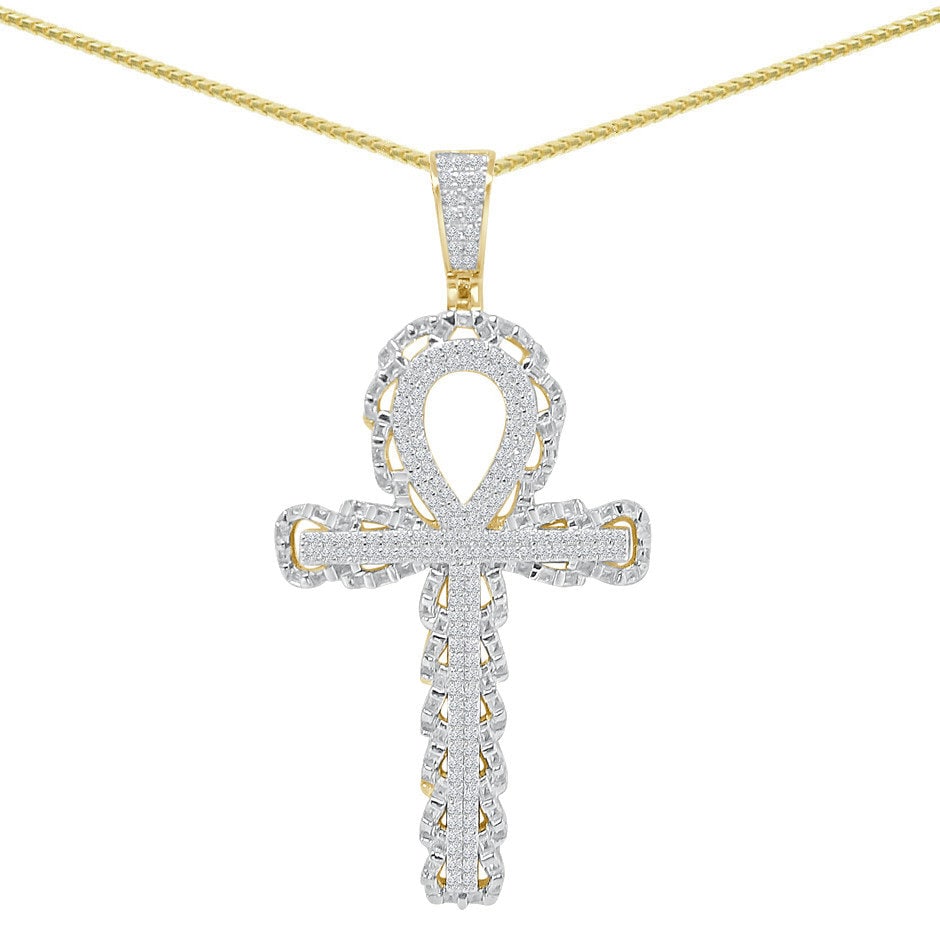 Real Genuine Sterling Silver 2.00 Cwt. Simulate Diamond 14K Gold Finish Egyptian Ankh Cross Unisex Charm Pendant Chain Neckless Set 2.40''