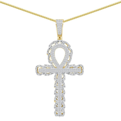 Real Genuine Sterling Silver 2.00 Cwt. Simulate Diamond 14K Gold Finish Egyptian Ankh Cross Unisex Charm Pendant Chain Neckless Set 2.40''