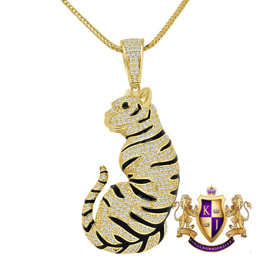 Real Genuine Sterling Silver 14k Yellow Gold Over Simulated Diamond Lion King Full Body Tiger Leopard Men's Pendant Charm Chain Neckless Set