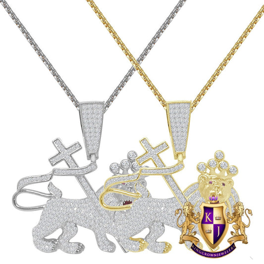 Real Genuine Sterling Silver 14k Gold Finish 2.75 Cwt. Simulated Diamond Lion of Judah Jewish Religious Pendant Charm Chain Neckless Set