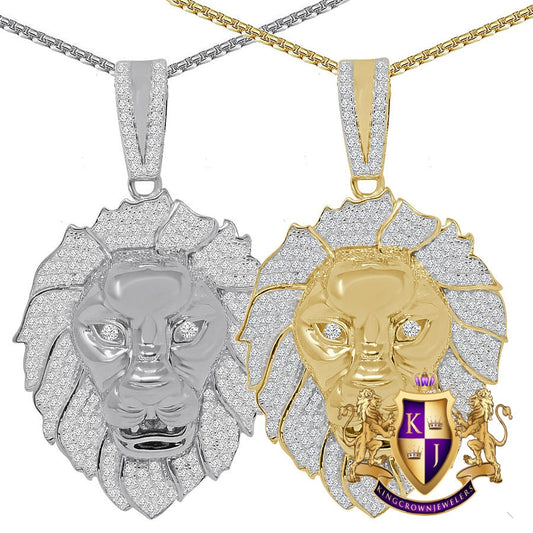 36+ Grams Genuine Real Sterling Silver 14K Gold Over 4.65 Cwt. Simulated Diamond Lion King Head Custom Pendant Charm + Free Chain Neckless