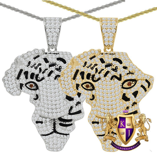 22+ Grams Real Genuine Sterling Silver 3.65 Cwt. Simulated Diamond Lion Face Africa Map Emerald Eyes Animal Pendant Charm Chain Neckless Set