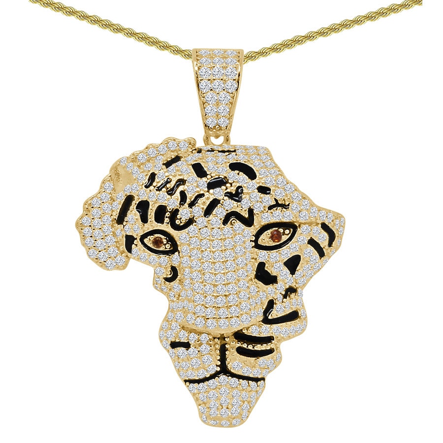 22+ Grams Real Genuine Sterling Silver 3.65 Cwt. Simulated Diamond Lion Face Africa Map Emerald Eyes Animal Pendant Charm Chain Neckless Set