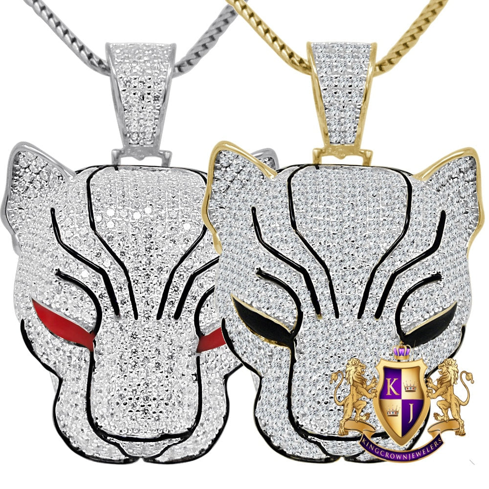 29+ Grams Real Genuine Sterling Silver 14K Gold Finish 4.50 Cwt. Simulated Diamond Enamel Lion Head King Face Pendant Charm + Chain Neckless