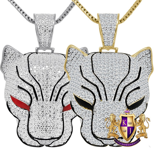 29+ Grams Real Genuine Sterling Silver 14K Gold Finish 4.50 Cwt. Simulated Diamond Enamel Lion Head King Face Pendant Charm + Chain Neckless