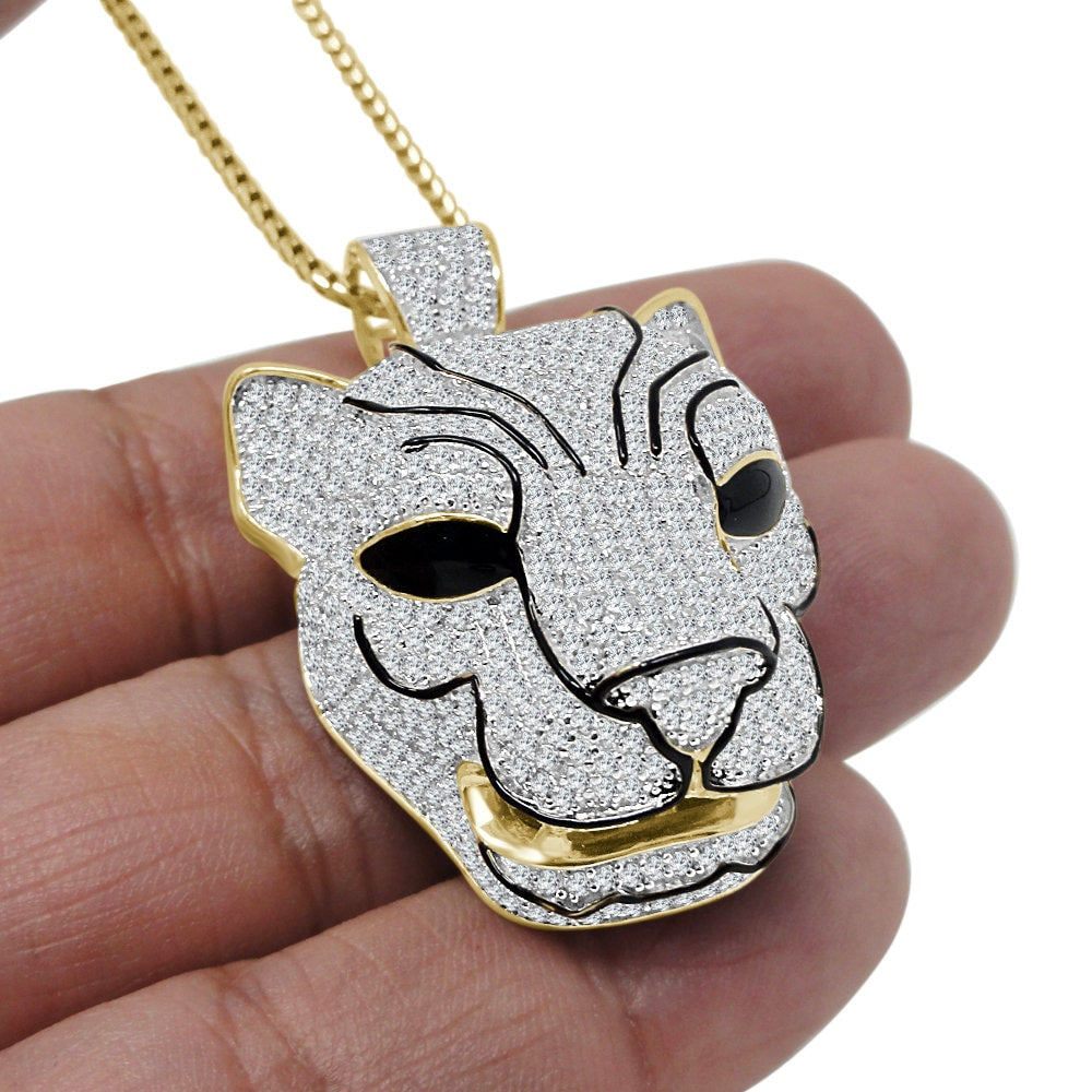 29+ Grams Real Genuine Sterling Silver 14K Gold Finish 4.50 Cwt. Simulated Diamond Enamel Lion Head King Face Pendant Charm + Chain Neckless