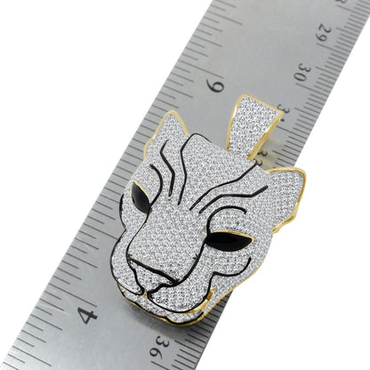 29+ Grams Real Genuine Sterling Silver 14K Gold Finish 4.50 Cwt. Simulated Diamond Enamel Lion Head King Face Pendant Charm + Chain Neckless