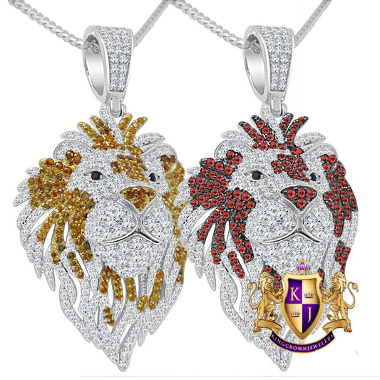 25+ Grams Real Genuine Sterling Silver 2.75 Cwt. Simulated Diamond 14K White Gold Finish Lion Head Men's Charm Pendant Chain Neckless Set