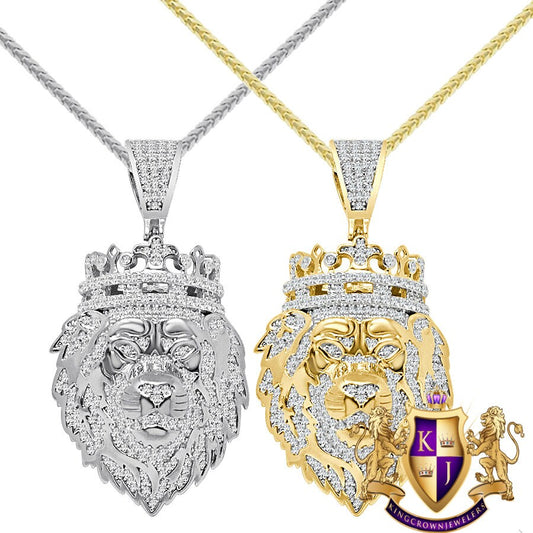 20+ Grams Real Genuine Sterling Silver 2.25 Cwt. Simulated Diamond 14K Gold Over Lion King Head Crown Men's Charm Pendant Chain Neckless Set
