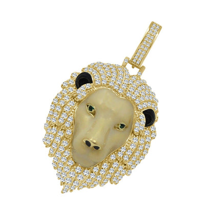 28+ Grams Real Genuine Sterling Silver 3.25 Ct. Simulated Diamond 14K Gold Over Lion King Head Men's Custom Charm Pendant Chain Neckless Set