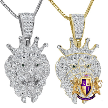 Real Genuine Sterling Silver 2.25 Cwt. Simulated Diamond 14K Gold Over Lion Crown Head Green Emerald Eye Pendant Charm Chain Neckless Set