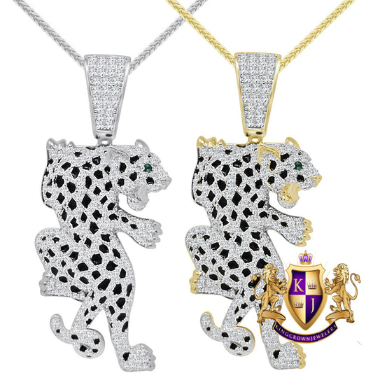 3D Real Genuine Sterling Silver 14K Gold On Simulated Diamond Tiger Cheetah Cougar Panther Jaguar Lion Diamond Pendant Charm Chain Neckless
