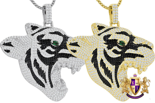 Real Genuine Sterling Silver 14k Gold Finish 2.65 Ct. Simulated Diamond Green Emerald Eye Roaring Lion Head Pendant Charm Chain Neckless Set
