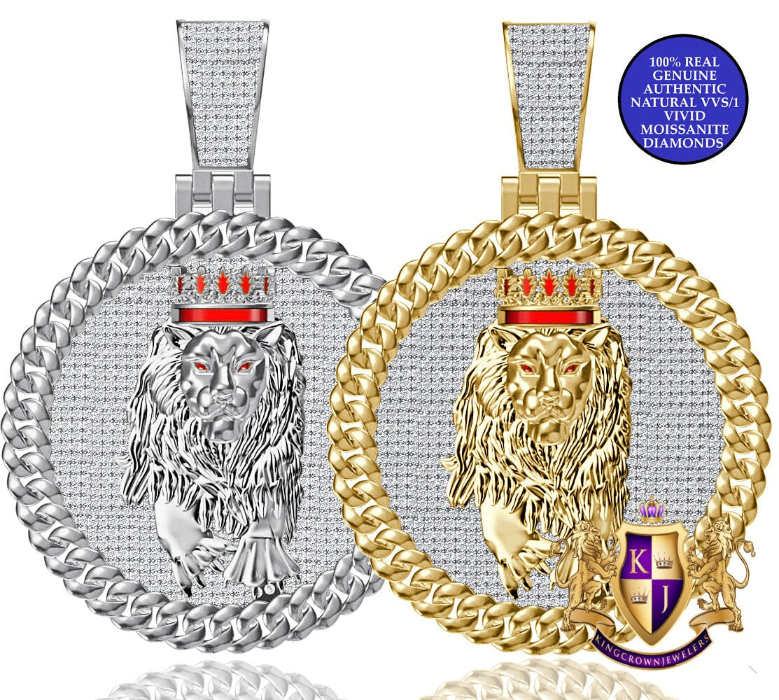 Real Genuine Authentic 2.00 Cwt. VVS1 MOISSANITE Diamond 28+ Grams Walking Lion King Crown Face Charm 10K Gold Over Pendant Medallion 2.25''