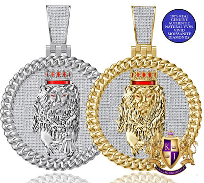 Real Genuine Authentic 2.00 Cwt. VVS1 MOISSANITE Diamond 28+ Grams Walking Lion King Crown Face Charm 10K Gold Over Pendant Medallion 2.25''