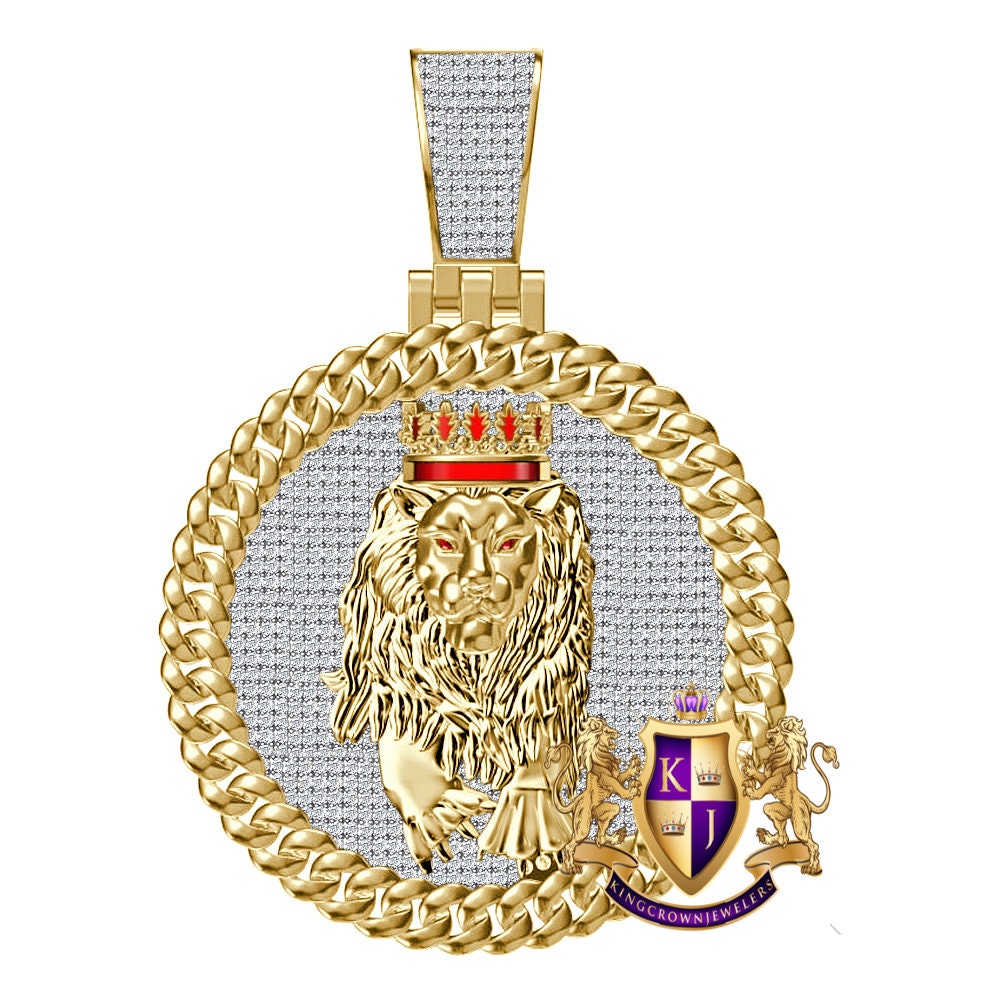 Real Genuine Authentic 2.00 Cwt. VVS1 MOISSANITE Diamond 28+ Grams Walking Lion King Crown Face Charm 10K Gold Over Pendant Medallion 2.25''