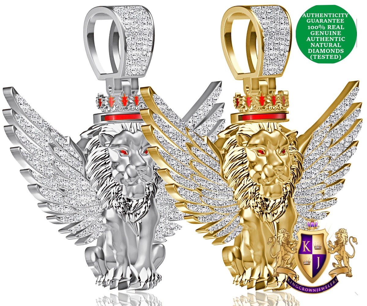100% Real Genuine Authentic Diamond 0.60 Cwt. 24+ Grams Winged Flying Lion Head Crown Face Jungle King Custom Charm 10K Gold Over Pendant