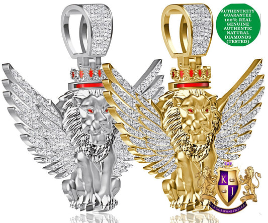 100% Real Genuine Authentic Diamond 0.60 Cwt. 24+ Grams Winged Flying Lion Head Crown Face Jungle King Custom Charm 10K Gold Over Pendant