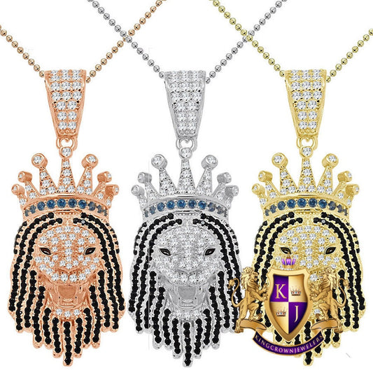 Real Genuine Sterling Silver 1.00 Cwt. Simulated Diamond 14K Gold Finish Lion Head Crown Face Charm Pendant Chain Neckless Set Small  1.85''