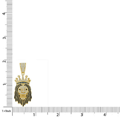 Real Genuine Sterling Silver 1.00 Cwt. Simulated Diamond 14K Gold Finish Lion Head Crown Face Charm Pendant Chain Neckless Set Small  1.85''