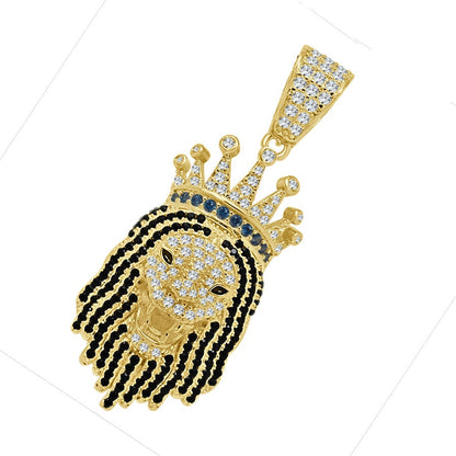 Real Genuine Sterling Silver 1.00 Cwt. Simulated Diamond 14K Gold Finish Lion Head Crown Face Charm Pendant Chain Neckless Set Small  1.85''