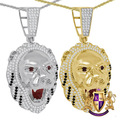 Real Genuine Sterling Silver Multi Tone 14K Gold Finish 1.35 Cwt. Simulated Diamond Lion King Head Unisex Pendant Charm Chain Neckless Set